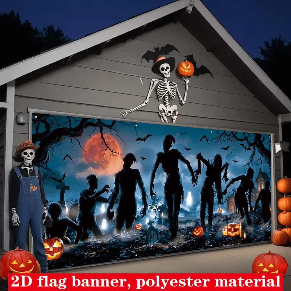 2D flat door flag 1 piece, Halloween garage door cover decoration, Halloween photo banner, no power generation required