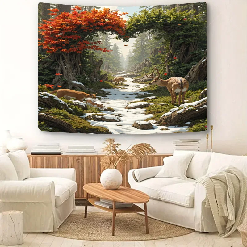 1pc Wall Tapestry Autumn Forest Deer Scene Wall Tapestry - Nature Wildlife Art Decor