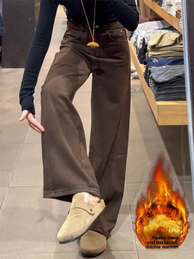 Damskie jeansy plus size z wysokim stanem, ocieplane, z prostymi nogawkami, jesienno-zimowe, codzienne spodnie z szerokimi nogawkami, styl vintage.