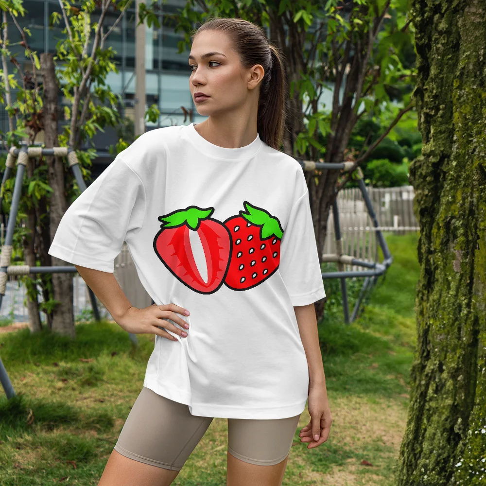 

Strawberry Pattern Printed Women's T-shirt Round-neck Fashionable Streetwear Casual Short-sleeved T-shirt, Top for Women