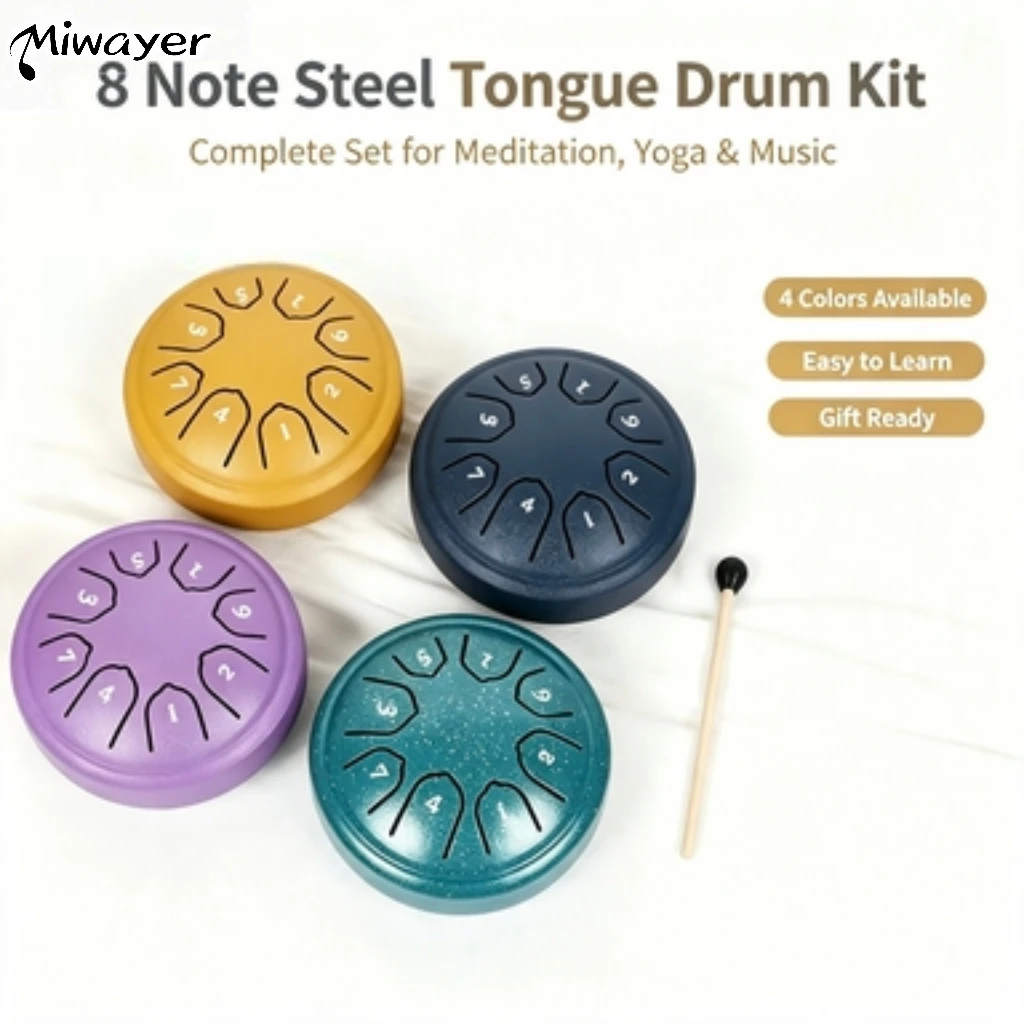 Miwayer Tambour à langue en acier 8 tons 4,5 pouces Mini Handpan avec maillets Instrument de percussion portable pour la méditation
