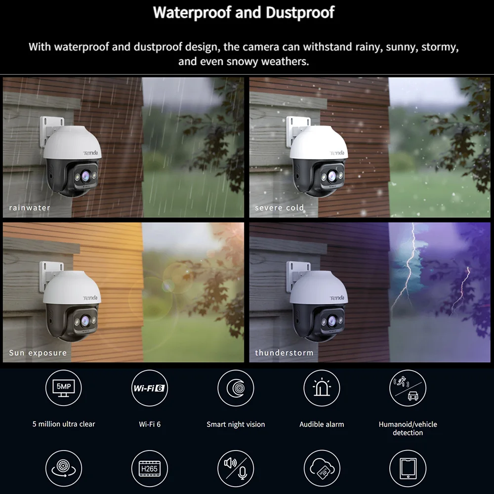 Tenda Security Cameras Outdoor WiFi 6 Camera 5MP 360° Pan/Tilt, Color Night Vision, Patrol Mode, AI Human/Vehicle Detection