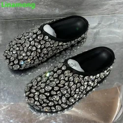 Rhinestones Flat With Round Toe Slippers For Female Women 2024 New Mules Outside Casual Black Fashion Luxury Blingbling Shoes