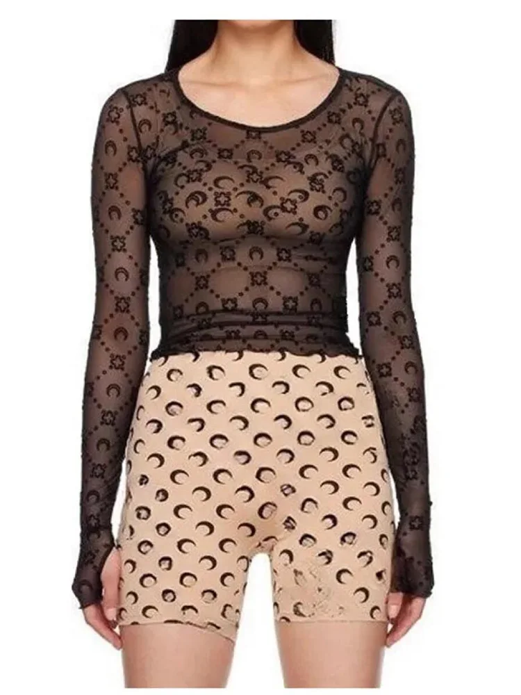 Dames T-shirt met lange mouwen, Koreaans sexy zoet pittig topje, uitgeholde mesh, pluche maanprint, street shorts, paddenstoelrand, nauwsluitend - afbeelding 2