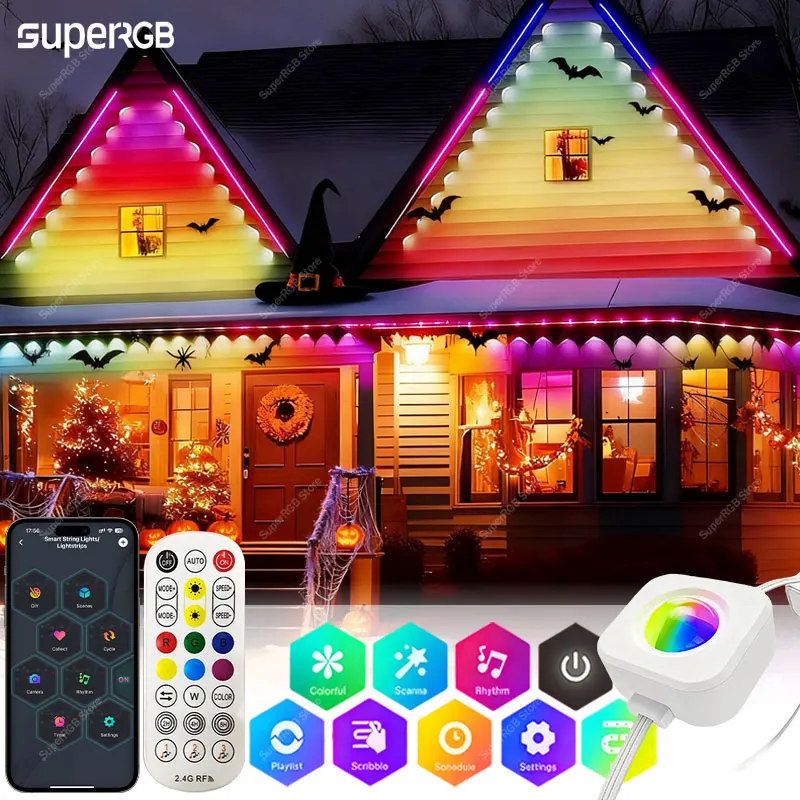 100FT 60LEDs Smart RGB Eave Lights App Control IP67 Permanent Outdoor LED String Lights Home New Year Christmas DIY Lighting