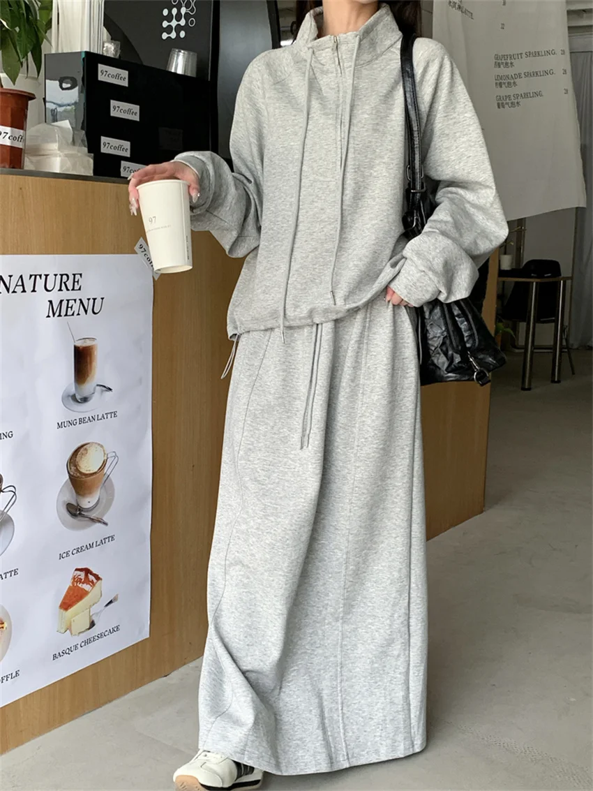 

Alien Kitty 2024 Lazy Style Women Sports Suits Solid Oversize Sweatshirts High Street OL Casual Autumn Chic Split Long Skirts