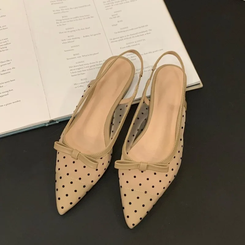 Low Heel Bow Baotou Sandals New Summer Mesh Breathable Polka Dot Single Shoes Pointed Toe Outside Wear Sandales Women\'s Shoes