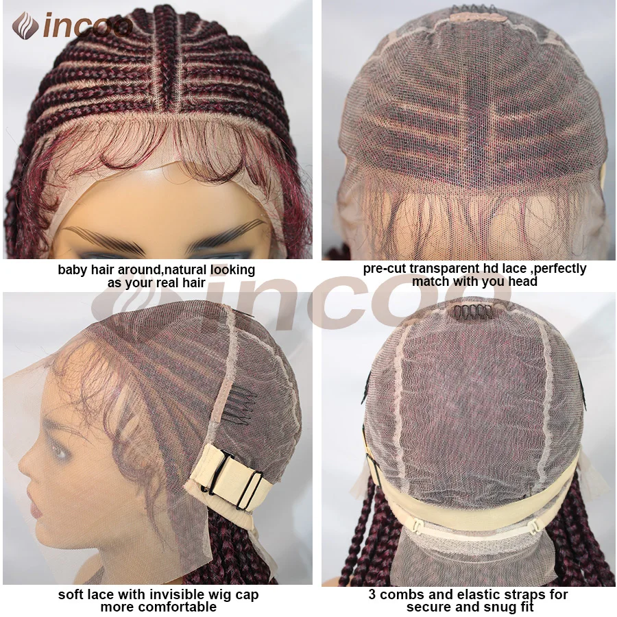 Perucas sintéticas coloridas do laço completo fulani cornrow trançado perucas 1b vermelho borgonha parte média perucas de trança sem nós para preto