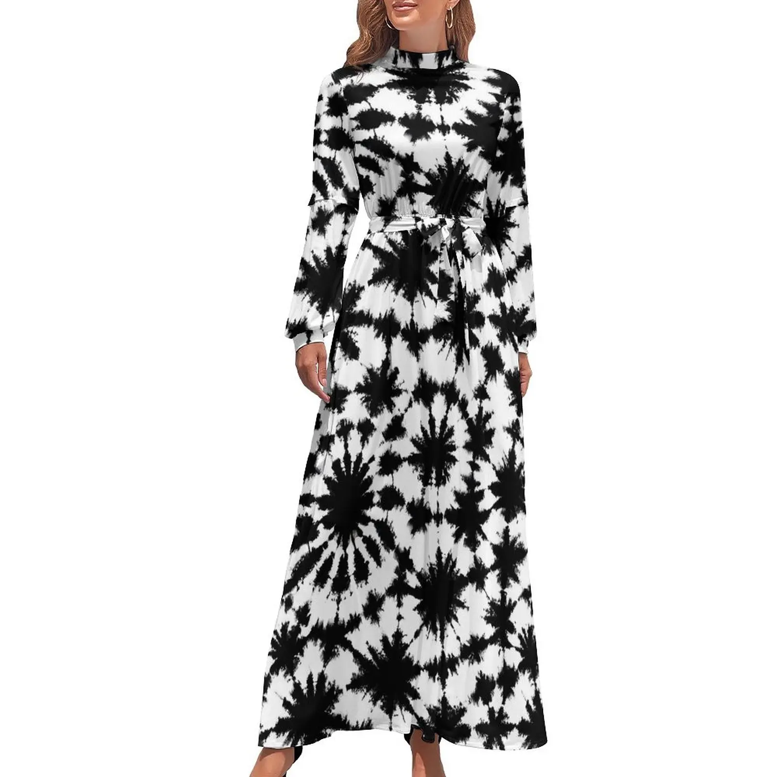 

White Black Tie Dye Dress Long Sleeve Abstract Flowers Cute Maxi Dress High Neck Aesthetic Beach Long Dresses Birthday Present