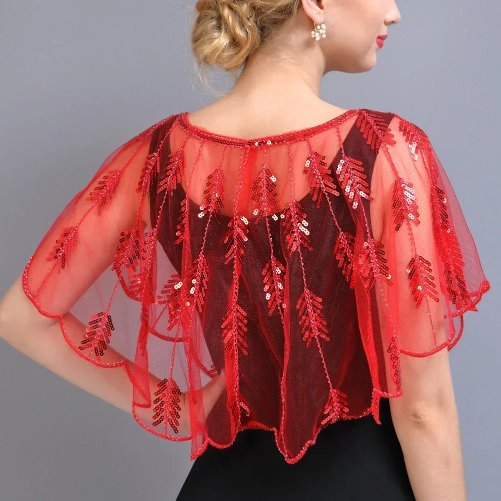 Women Retro 1920s Mesh Covering Transparent Embroidery Beaded Sequin Shawl Sheer Leaf Bolero Party Wedding Women's Shawl