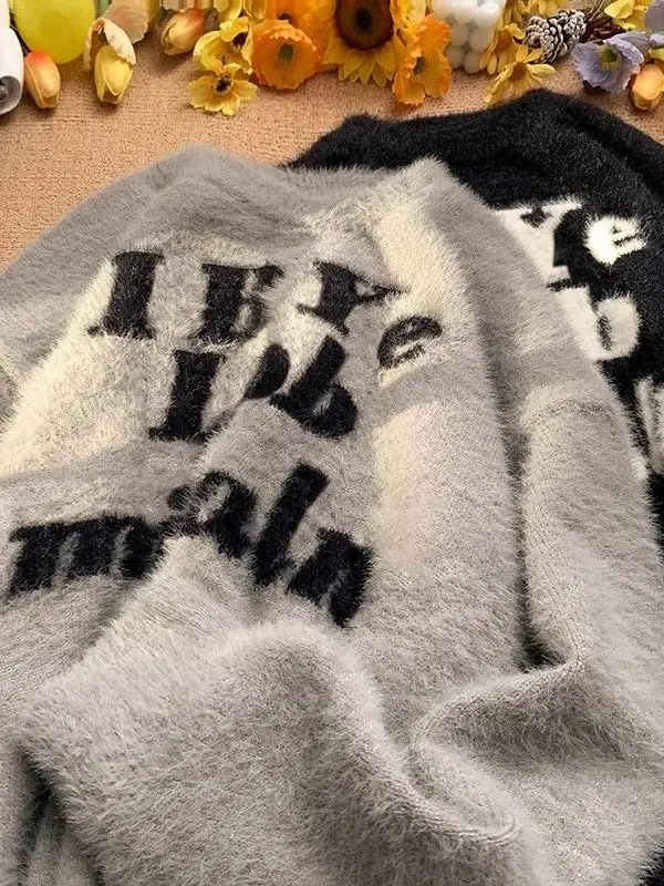 

Men's Winter Thiened Lazy Sle Soft Knitted Sweater Autumn Winter Loose High-End Trendy Coat Water Rabbit Fur Long Sve ...