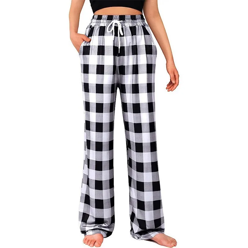 

Fashion Women Plaid Print Cotton Pants Casual Loose Ladies Pajama Trousers Bottoms Lounge Home Pants Female All-match Streetwear