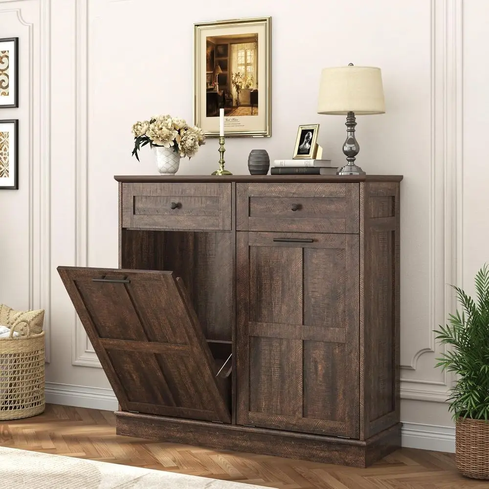 

Double Trash Can Cabinet, 20 Gallons Farmhouse Hidden Wood Garbage Can Bin Cabinet with Drawers, Tilt Out Laundry Hamper with La