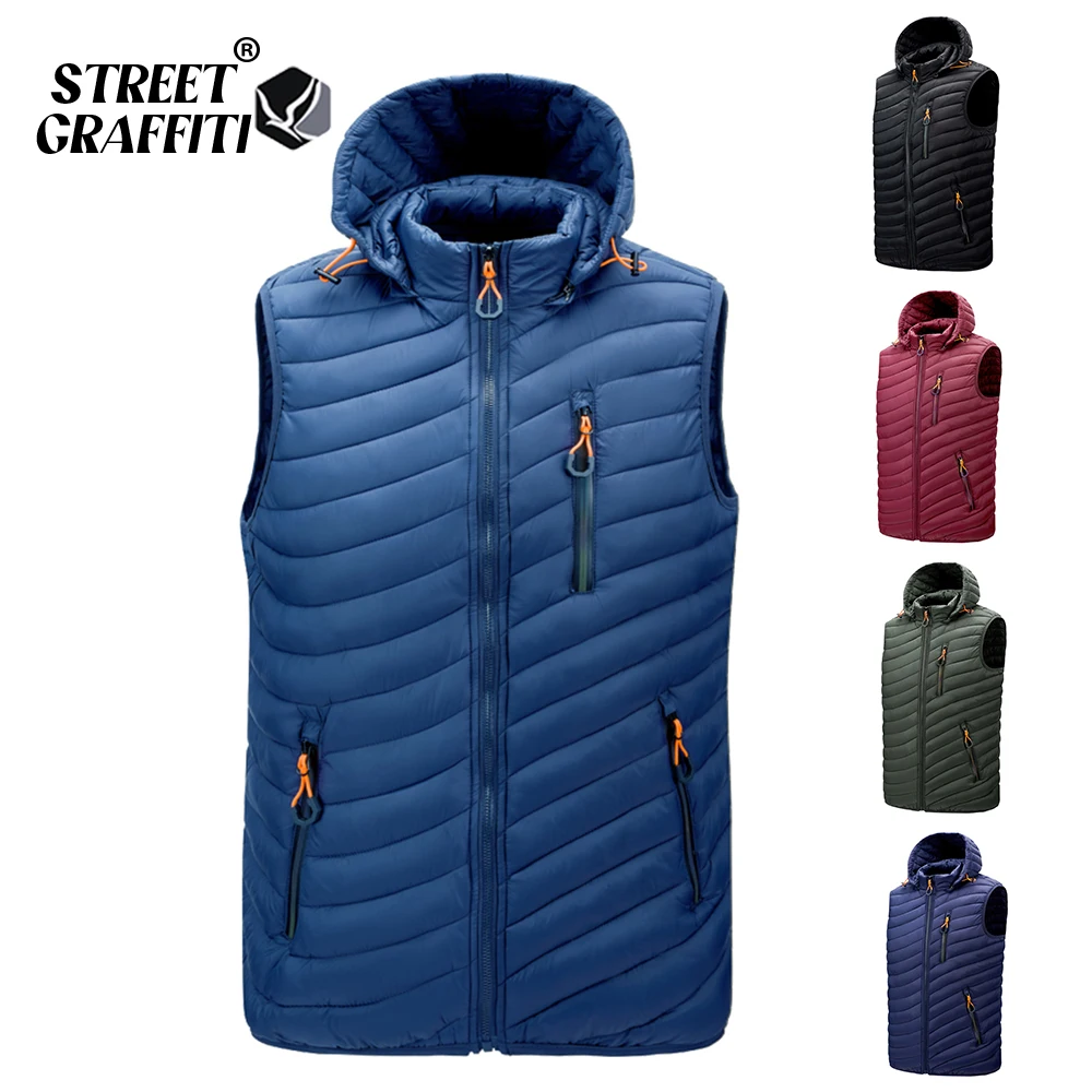S.T.G-Coletes masculinos sem mangas, colete com capuz, colete monocromático com bolsos, jaqueta à prova de vento, moda casual masculina, colete de