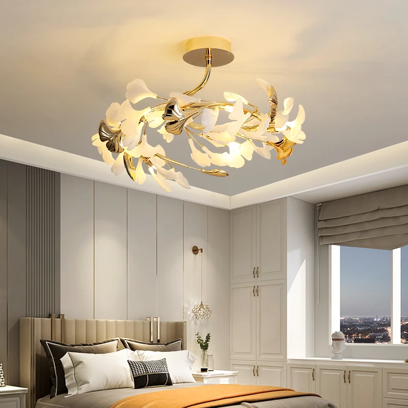 

Modern Ginkgo Leaf Art Bedroom Ceiling Lamp Living Room Study Decor Ceiling Chandelier Kitchen Island Cafe LED Lighting Fixtures