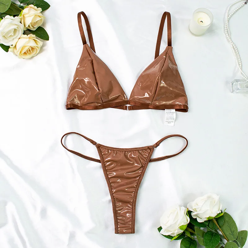 

Lingerie Ultra Sexy Pu Leather Shiny Bikini Underwear No Wire Bra Set French Seamless Three-point Sexy Set Coffee Women Lingerie