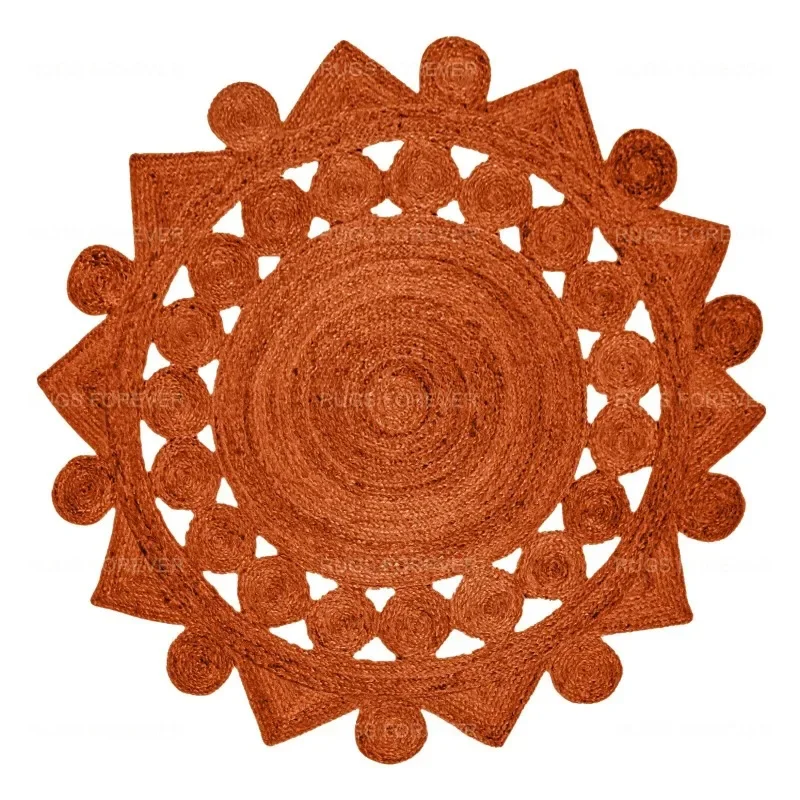 Scalloped Jute Area Rug Bedroom Orange Kilim Hand Braided Living Room Round Mat