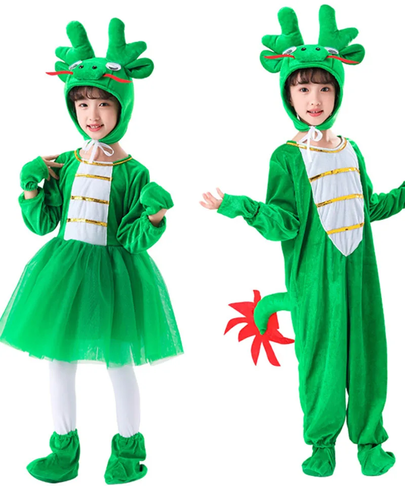 Halloween Kids Role Playing Triangle Green Dragon Party Costume  Carnival Stage Show Dinosaur Role Play Headgear Jumpsuit Dress