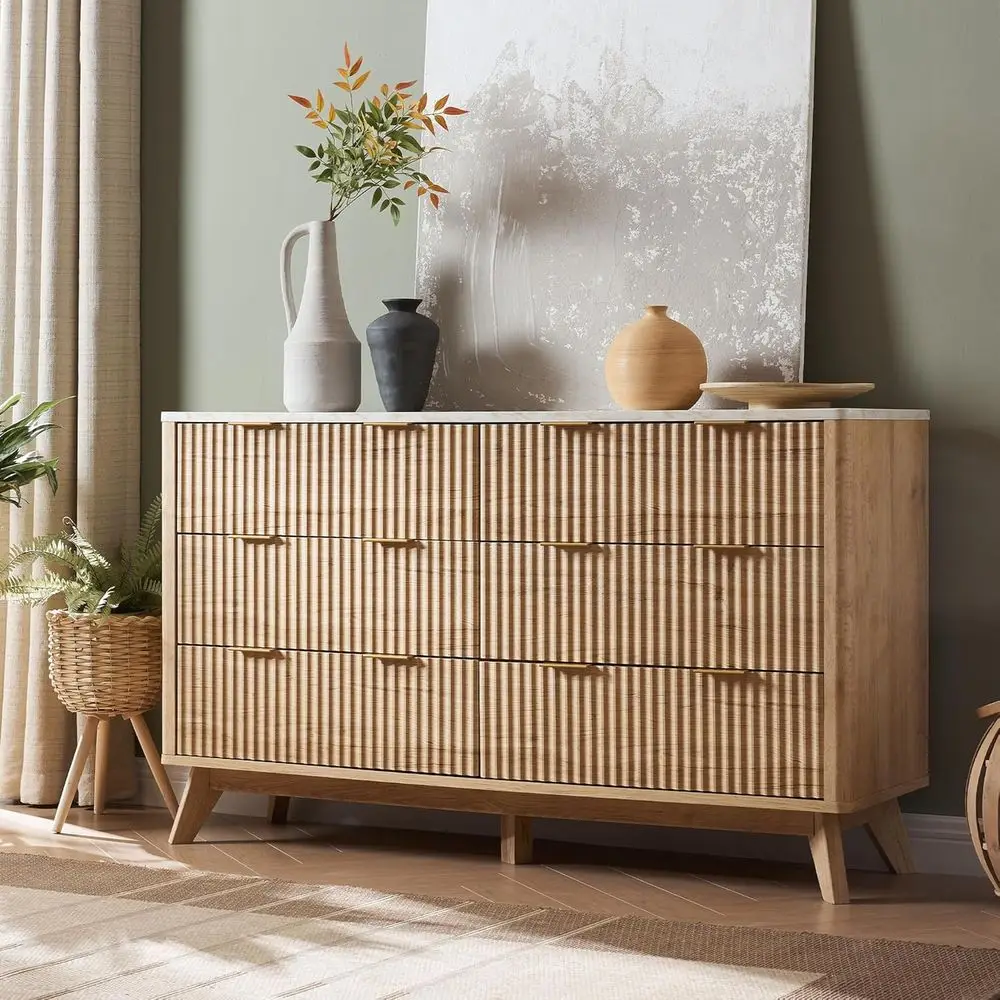 

6 Drawer Chest with Marble Top, Curved Design for Bedroom, Living Room, Hallway, Natural Oak Finish