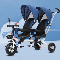 Double Stroller Two-way Baby Stroller Face To Face Double Kid Tricycle Adjustable Backrest Footrest Canopy Explosion-proof Tires