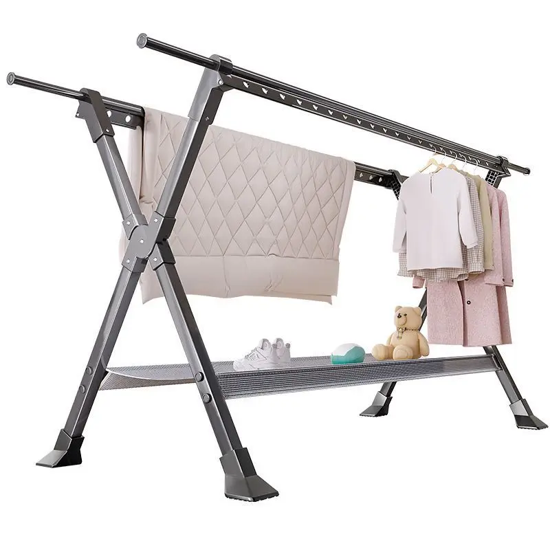 

Aluminum alloy clothes rod floor light luxury folding vertical drying rack shoe drying rack movable indoor balcony