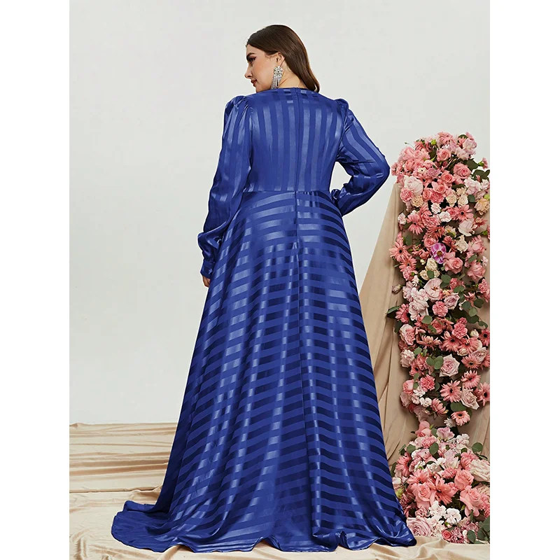 Plus Size V Neck Satin Extra Long Sleeve Evening Dress 4XL5XL Big Size Luxury Prom Party Apricot Striped Evening Dresses Women