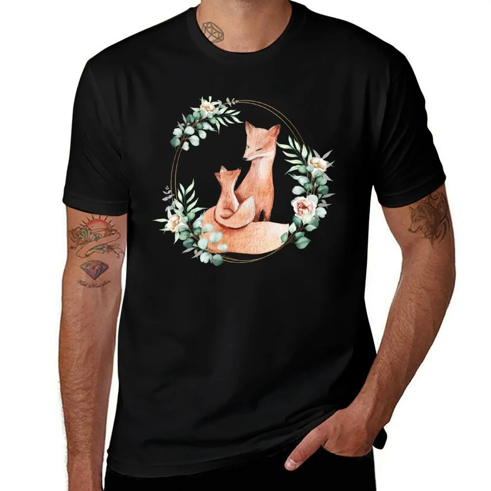 Mommy and Baby Fox in a Floral Gold Wreath Frame T-Shirt Non-Shrink Basic Cotton T-Shirt