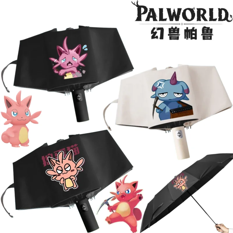 Palworld Chillet Chikipi Automatik-Regenschirm mit stilvollem Cartoon-Print, schwarzer Beschichtung, geeignet für Sonne und Regen, faltbar, als Geschenk geeignet – Detail 1