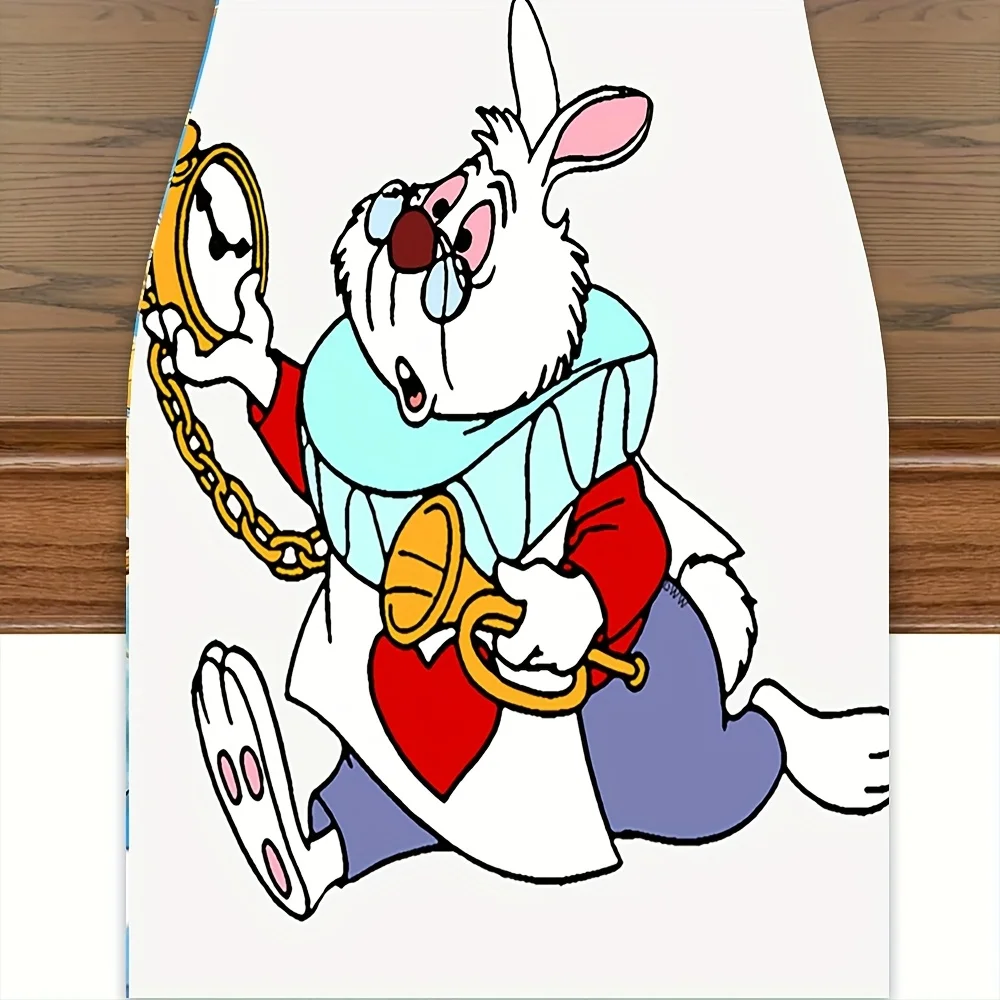 

Цельная скатерть с кроликом «Алиса в стране чудес» — яркий синий и красный дизайн, с золотыми цепочками и карманными часами, идеально подходит для романтических интерьера