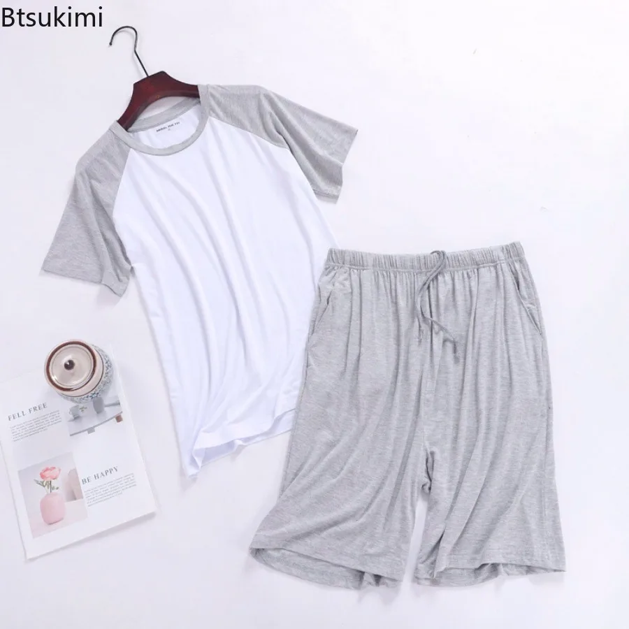 New 2024 Men's Large Size Home Clothes Summer Modal Short Sleeve Tops+Shorts Pajama Sets Male Fashion Patchwork Casual Housewear