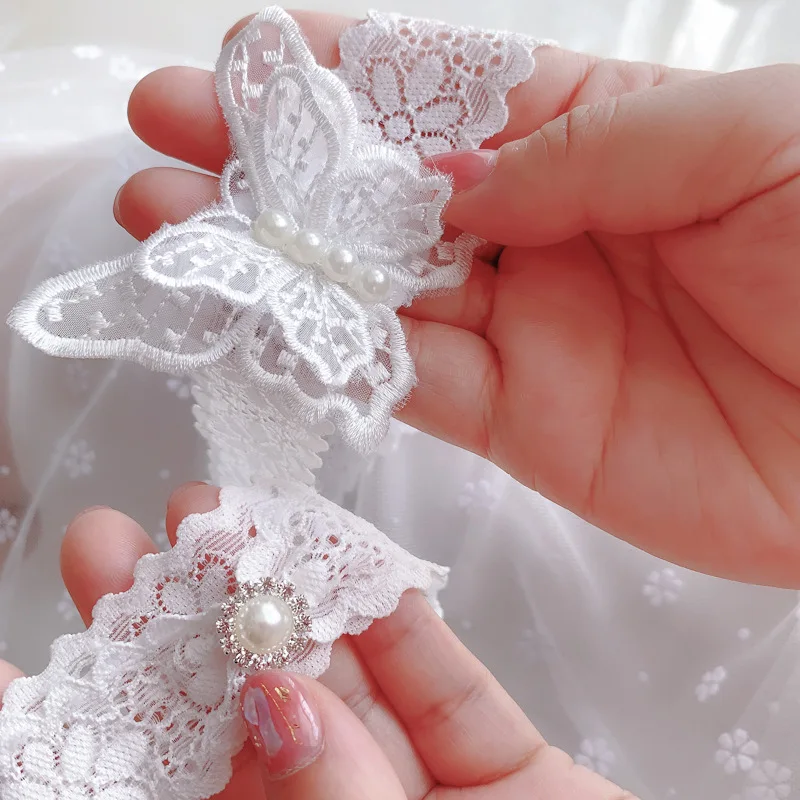 White 2 Pieces Wedding Garters  Butterfly Lace Bridal Garter  Pearls Leg Ring  for Bride