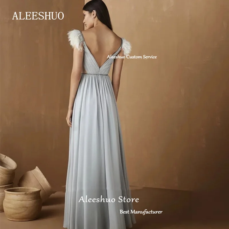 Morden Chiffon Side Split Dress Blue Tassel Square Collar Wedding Dresses For Woman Pearls Belt Prom Dress Luxury V Back 2024