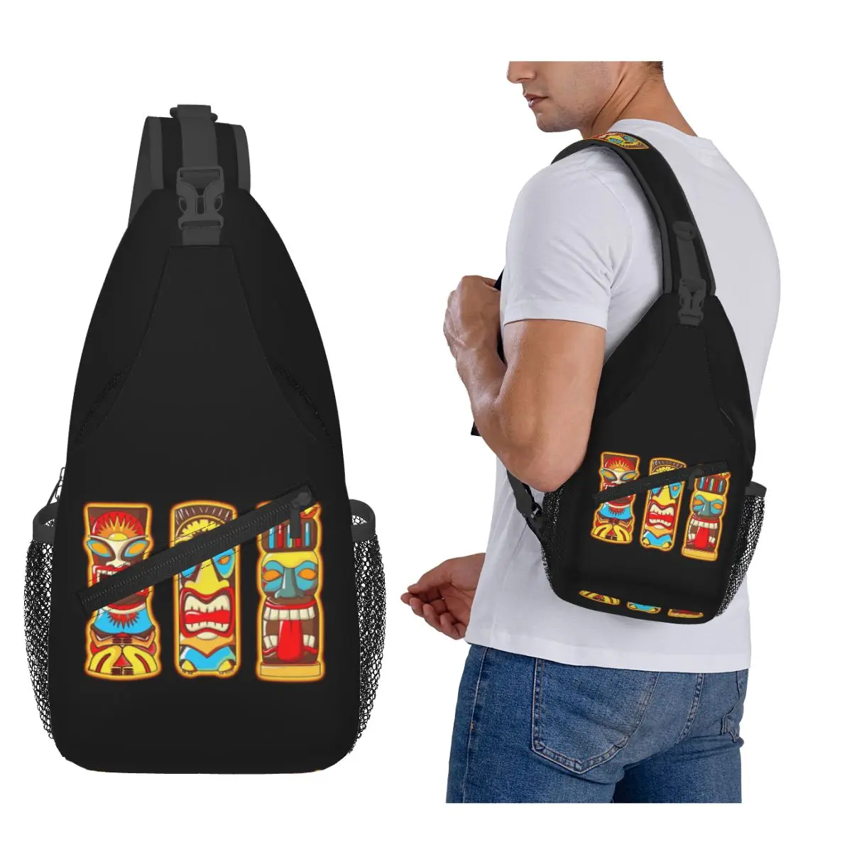 

Tiki Gods Totems Idols Retro Tropical Polynesian Chest Bag Men Sling Crossbody Backpack Chest Bag Hiking Daypack Shoulder Bag