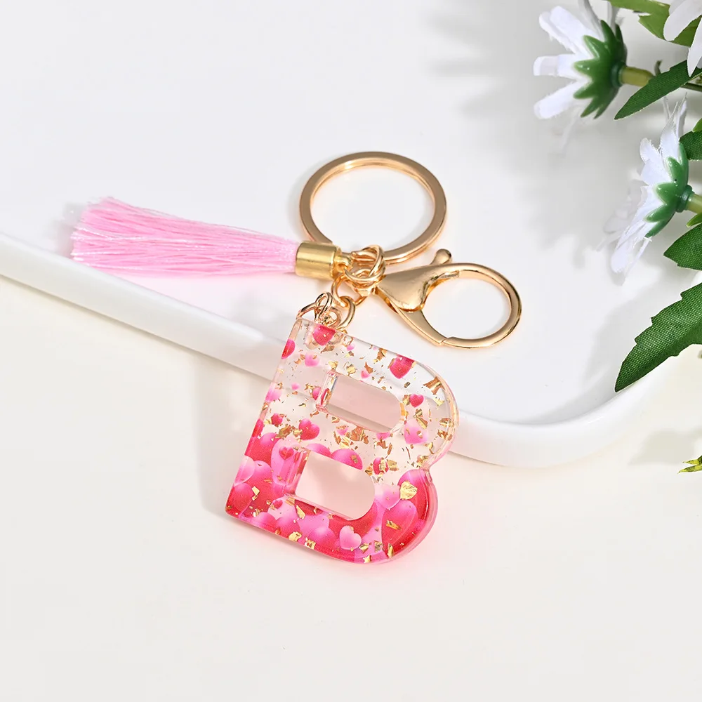 10pcs/set 26 Letter Key Pendant With Pink Fluffy Pompom Fashion Girls Handbag Glitter Gradient Resin Alphabet Keychain Charms