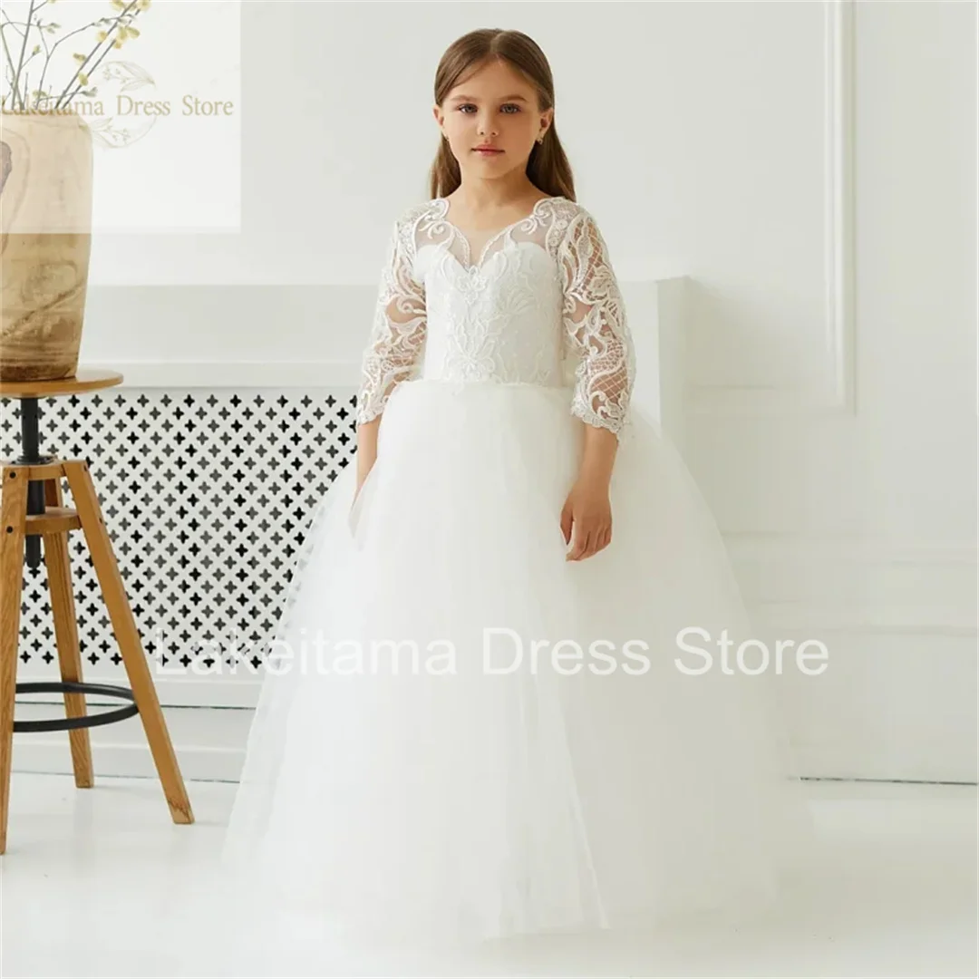 

Flower Girl Dresses Tulle Pattern Appliques With Bow 3/4 Sleeve For Wedding Birthday Party First Communion Gowns