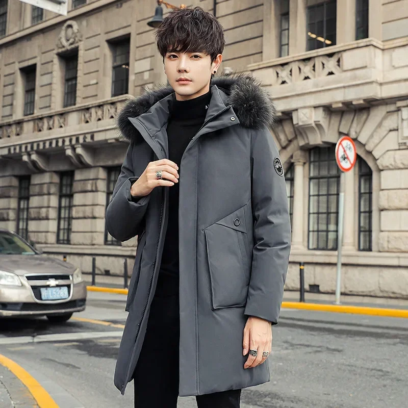 Winter Down Coat for Men  Medium Length Workwear Large Fur Collar White Duck Down Jacket Men Warm Hooded  Puffer Jacket JK-028