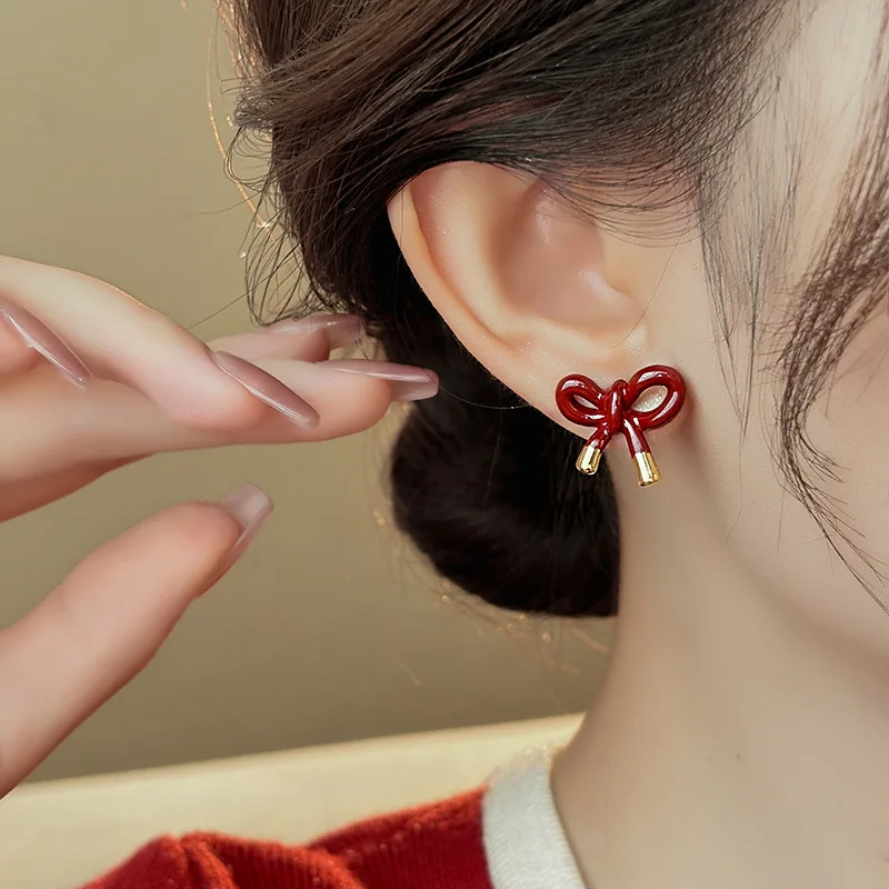 خمر قطرة النفط الأحمر Bowknot وأقراط للنساء الفتيات أزياء لطيف الحلو الأذن ثقب المجوهرات اكسسوارات هدايا