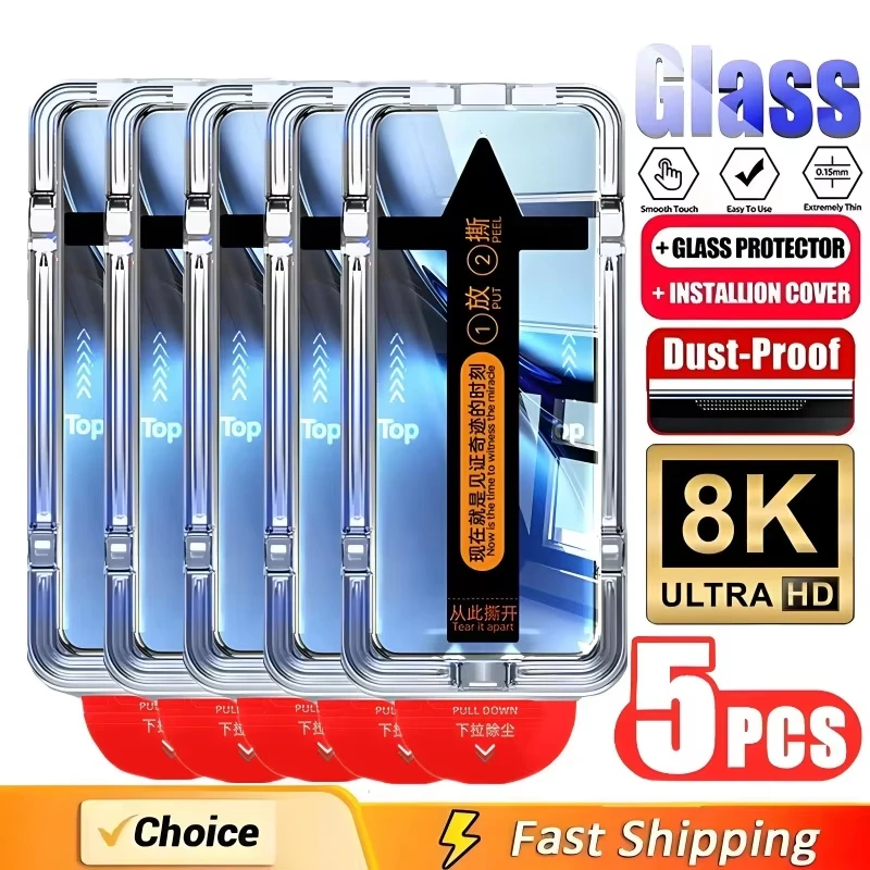 5Pcs Easy install Tool Tempered Glass For iPhone 17 16 15 14 13 12 11 Pro Max Plus XS XR Explosion-proof Screen Protector Glass