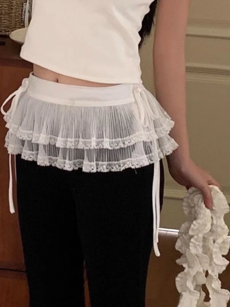 

Harajuku Women White Lace Skirt Korean Y2k Fashion Lace-up Cute Mini Waist Skirts Streetwear Clothing Matching Skirts