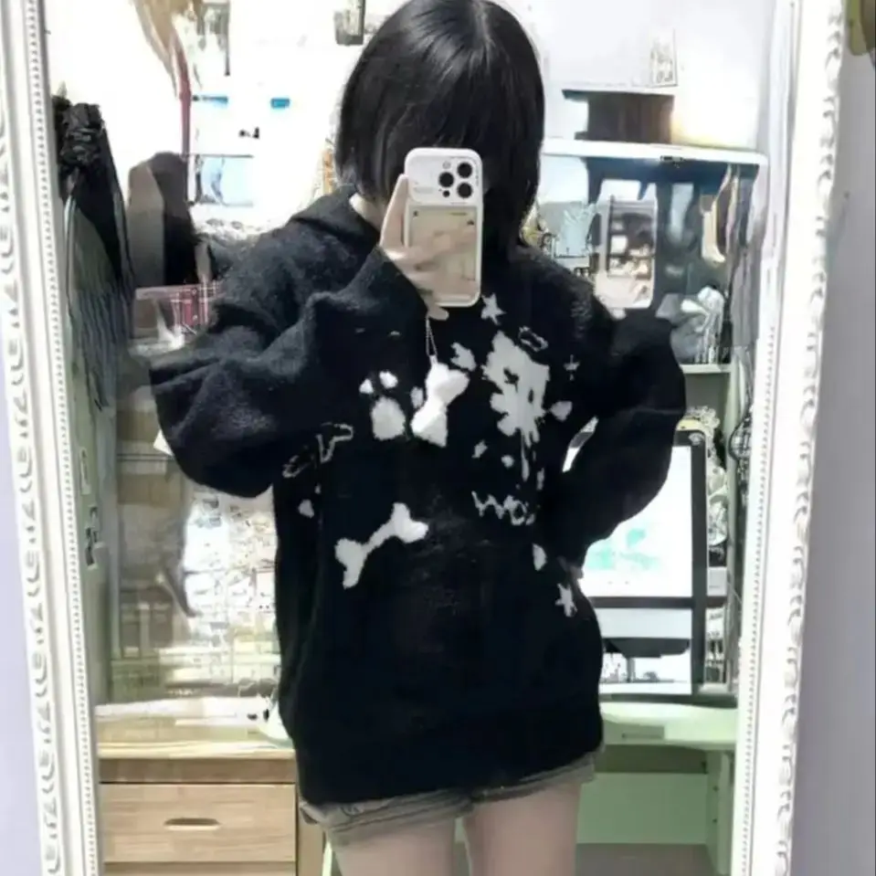 2025 giapponese Kawaii carino Y2k felpa con cappuccio da donna dolce casual elegante orecchie di gatto cappotto manica lunga stampata tasche con cerniera maglione invernale