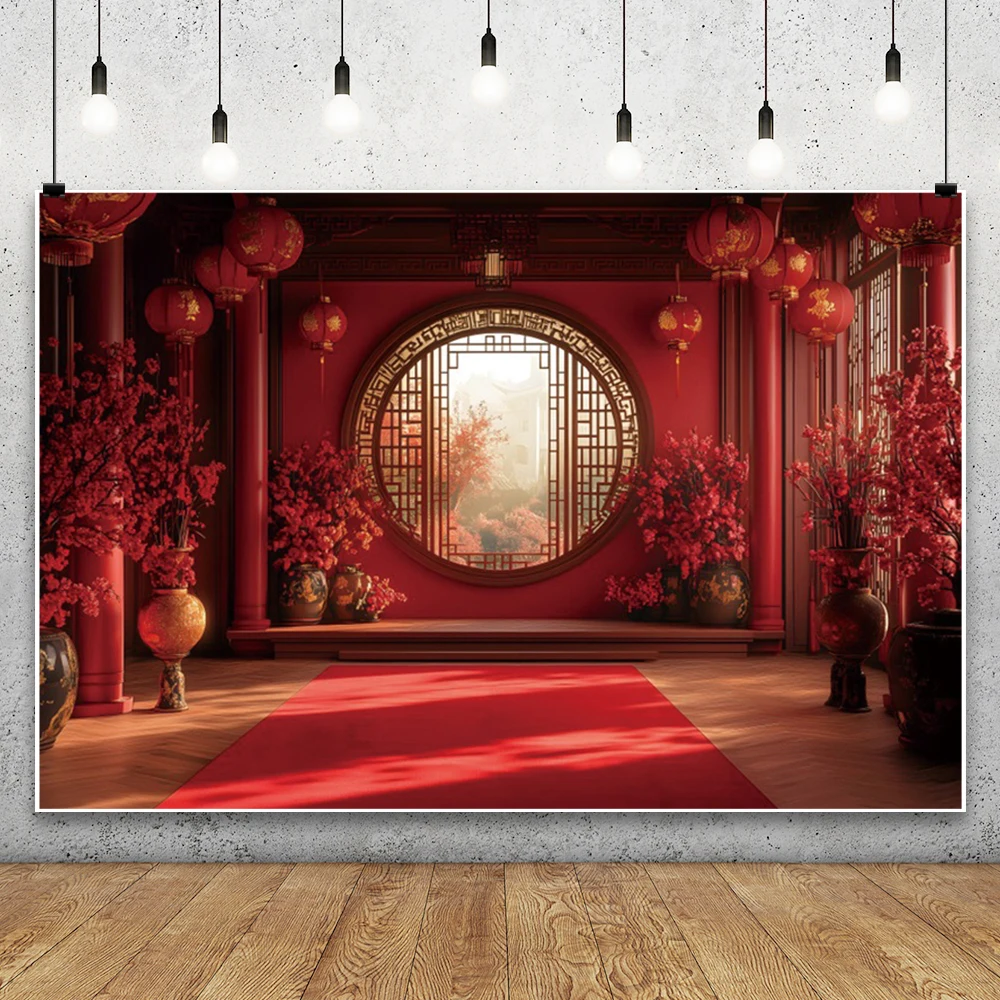 Red Chinese Style Wedding Party Backdrop Ancient Architecture Screen Flower Lantern Oil Paper Umbrella New Year Decor Background