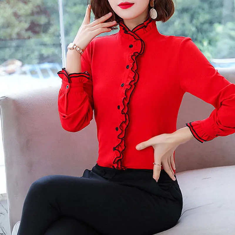 Lace Ruffles Chiffon Shirts Women\'s Clothing 2023 Autumn Winter New Office Lady Long Sleeve Pullovers Vintage Elegant Blouse 3XL