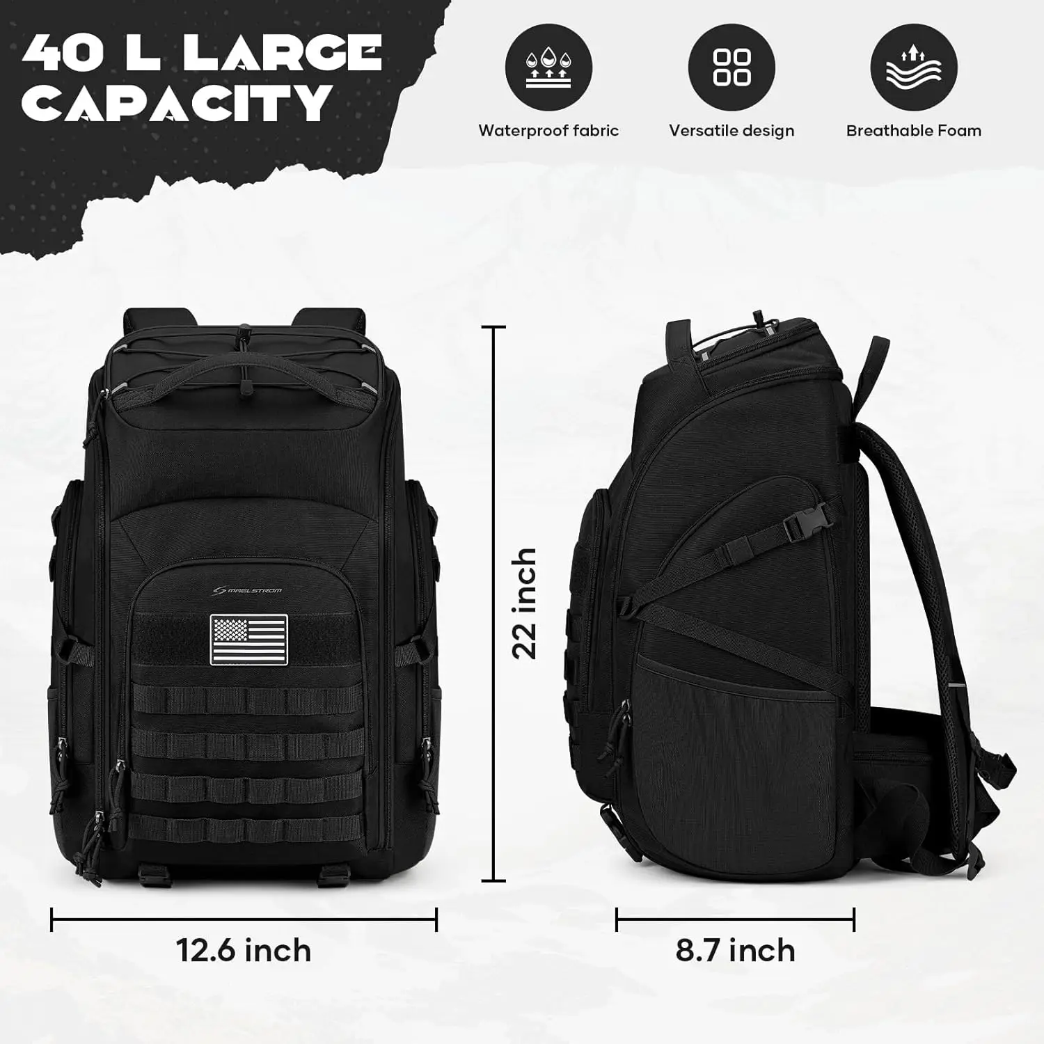Tactical Backpack for Men, Water Resistant 40L Military Backpack, for Hiking, Camping, Gym with Molle System (Black)