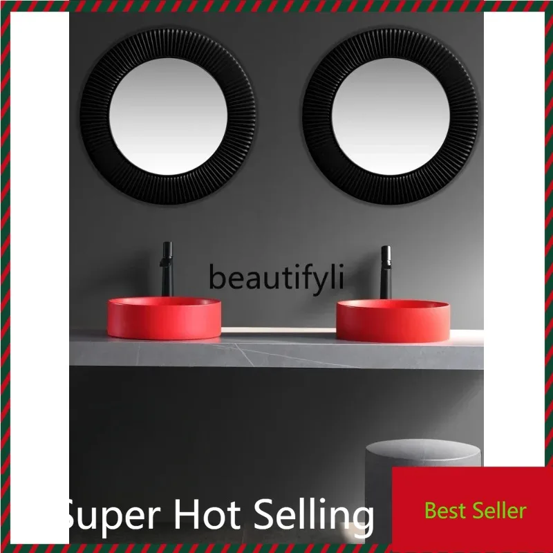 

f156 Creative red, black, basin on the sink, small size ceramic washbasin, single basin, balcony basin, round.