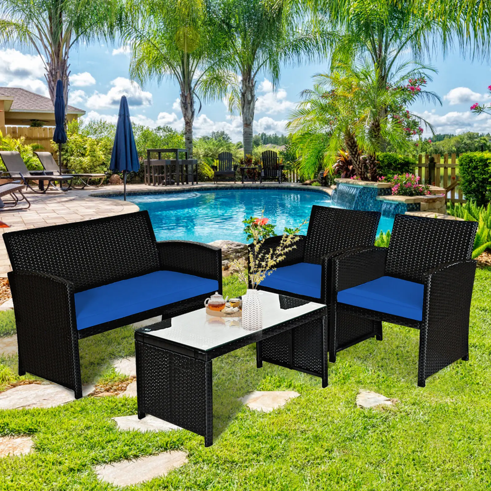 4PCS Rattan Outdoor Conversation Set Patio Furniture Set w/ Navy Cushions