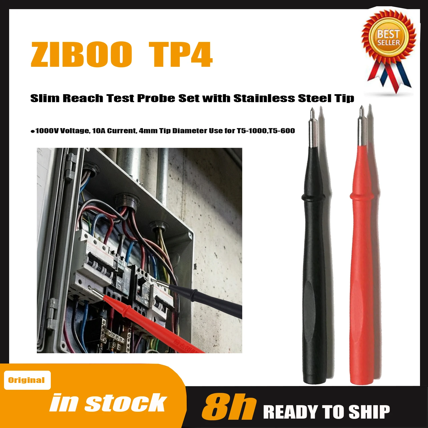 ZIBOO TP4 Slim Reach Test Probe Set with Stainless Steel Tip, 1000V Voltage, 10A Current, 4mm Tip Diameter Use for T5-1000,T5-60