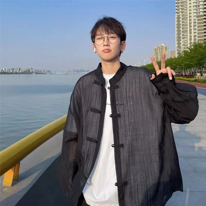 

Мужская рубашка большого размера в китайском стиле с длинным рукавом, летняя, с защитой от солнца, свободного кроя, модная, из ледяного шелка, дышащая, для повседневной носки