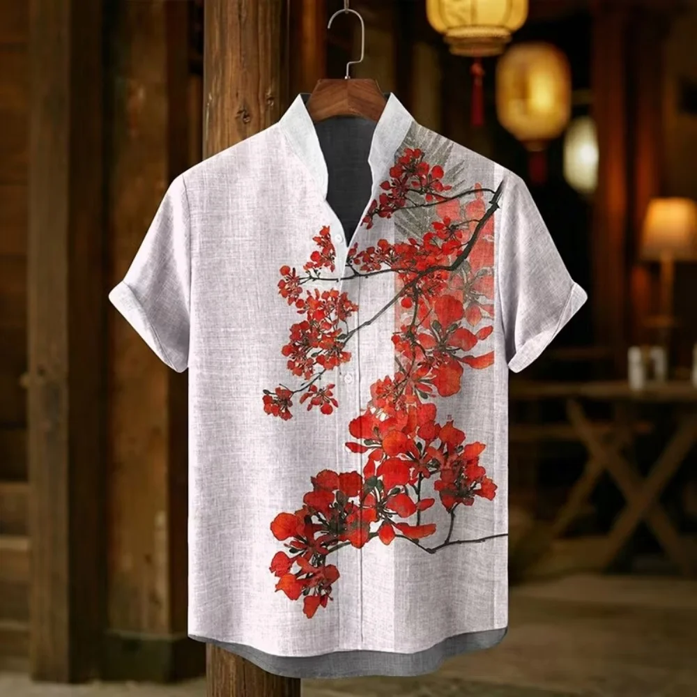 New style gradient blue ink light gauze wave blending 3D printed men's lapel short sleeved casual shirt