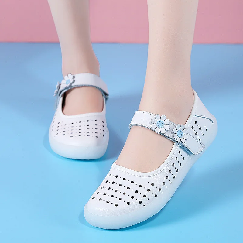 

Genuine Leather Women Nurse Shoes Soft Soles Hollow Out Breathable Flats Shoes Non Slip Flowers White Ladies Loafers WSH5554