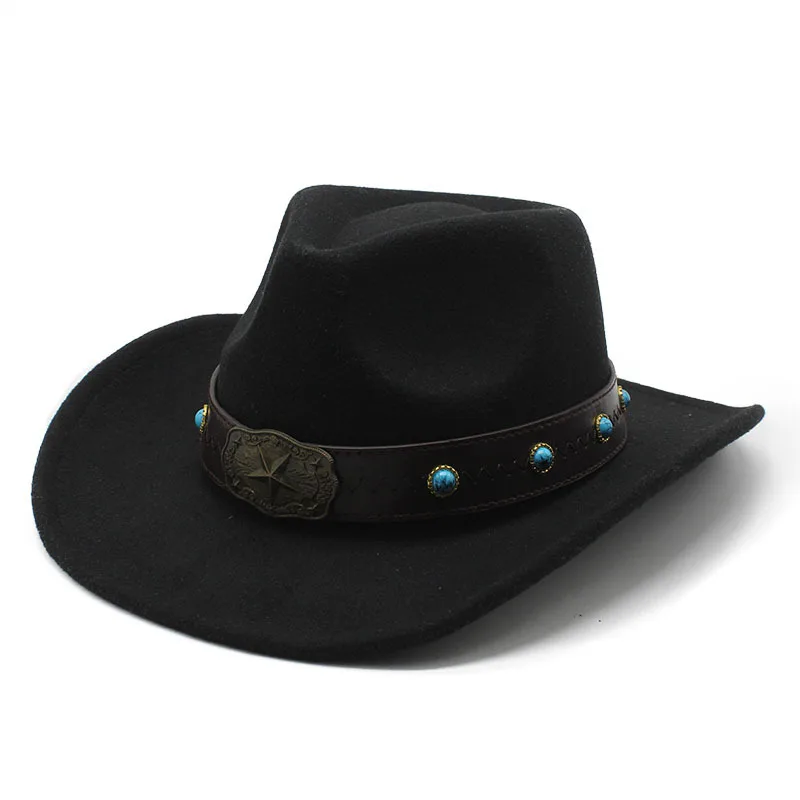 

Autumn And Winter Western Denim Woolen Hat British Retro Belt Jazz Top Hat Black Felt Cap Men's And Women's Woolen Hat